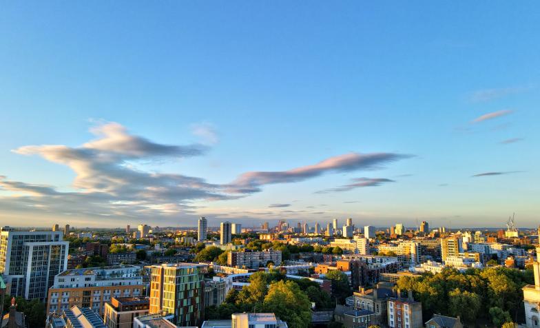 Aerial view of a city with blue sky