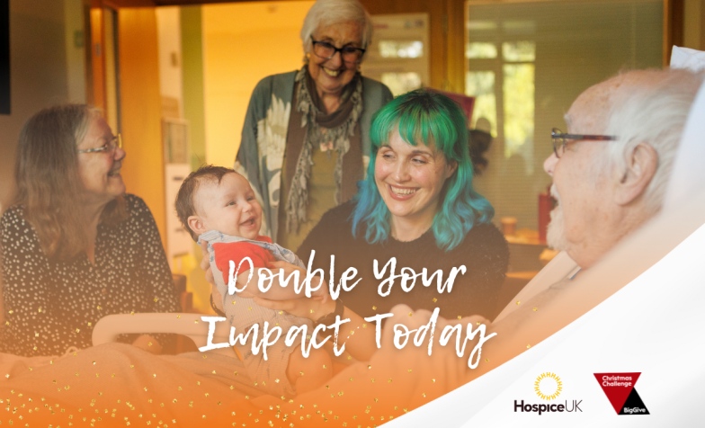 Family of all generations together in a hospice with the caption 'double your difference'
