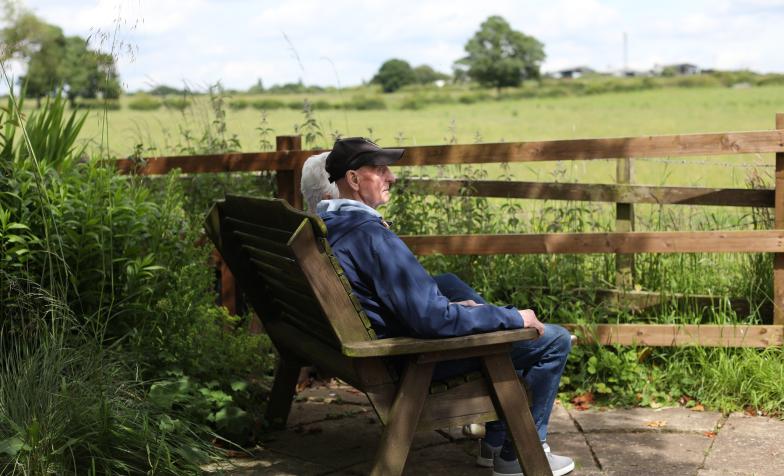 A couple sitting on a bench looking out to a field
