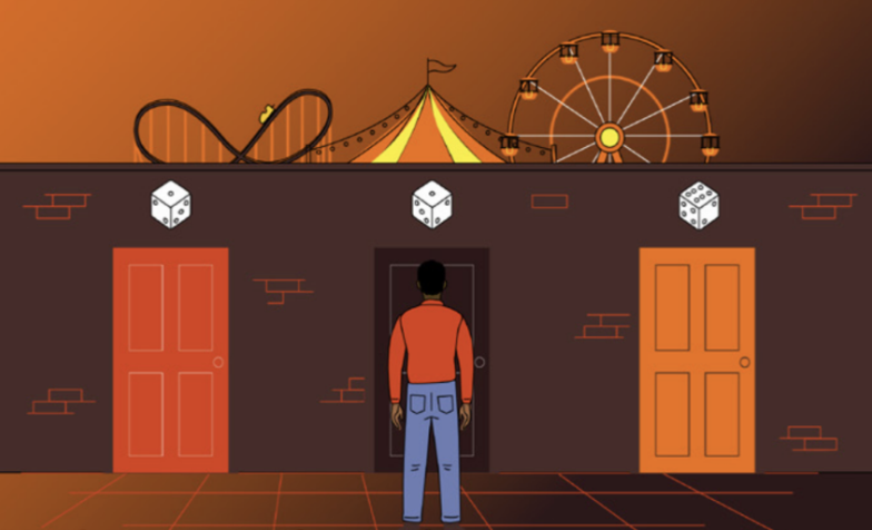 Illustration of a man seen from behind, standing in front of three doors set into a brick wall, each with a dice above it. A funfair rollercoaster, circus tent and Ferris wheel rise behind the wall.