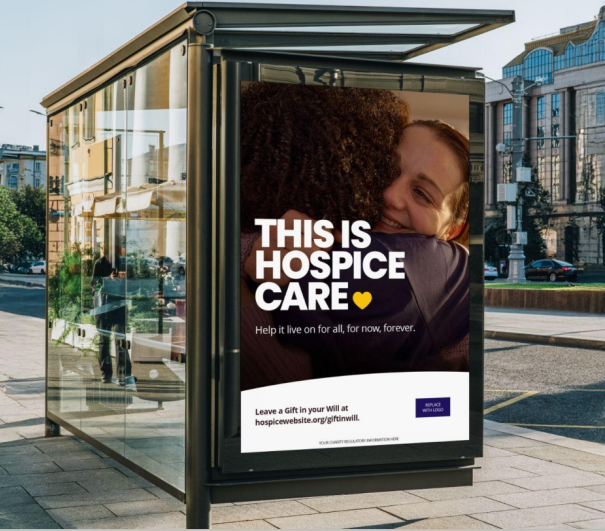 A bus stop showing a poster which reads This is Hospice Care