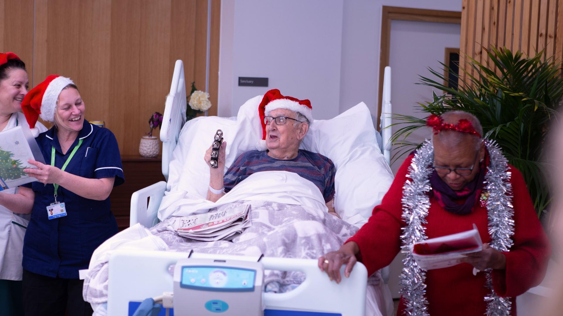 In 2024 Peter did not want to miss out and his bed was wheeled into the Bistro where he celebrated his last Christmas jingling bells and singing along at the top of his voice at Arthur Rank Hospice Charity