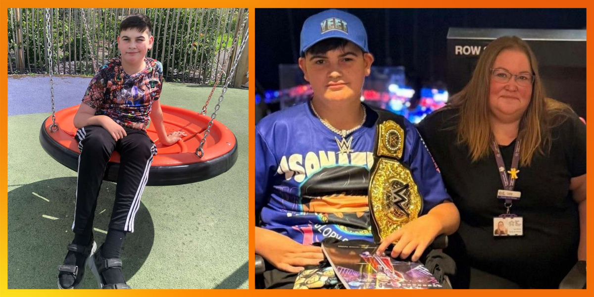 Two photos of Alfie. On the left, he sits on a round orange nest swing in a garden. On the right, he sits in his wheelchair at a WWE show holding a replica championship belt, next to Lucy, his link worker from Forget Me Not Children's Hospice.