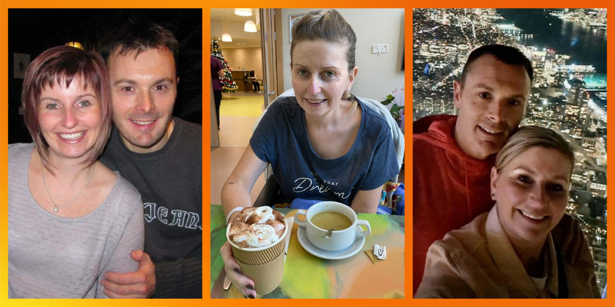 Three photos of Alison and Andrew. In the middle, Alison sits at a table in Highland Hospice holding a hot chocolate topped with cream and marshmallows, with a Christmas tree in the background. On either side are photos of Alison and Andrew smiling together, one indoors and one a selfie at night with city lights below them.