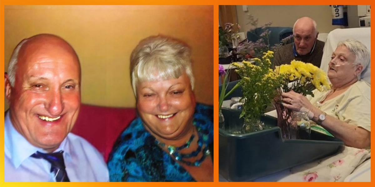 Two photos of Gena and her husband, Hugh. On the left, they smile together, Hugh in a shirt and tie and Gena in a blue patterned top. On the right, Gena sits up in her hospice bed arranging a bouquet of yellow flowers.