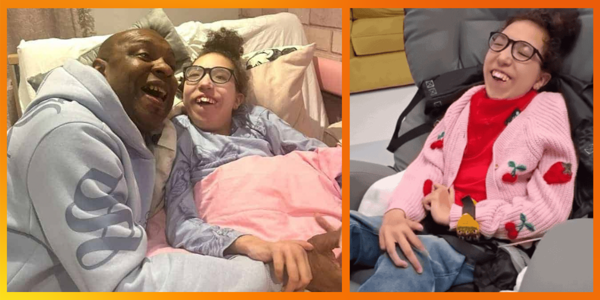 Two photos of Jada-Lea. On the left, she lies in bed under a pink blanket, laughing with her dad, Trevor, who leans in beside her. On the right, she sits in her wheelchair smiling widely, wearing glasses, a red top and a pink cardigan with strawberries on it.
