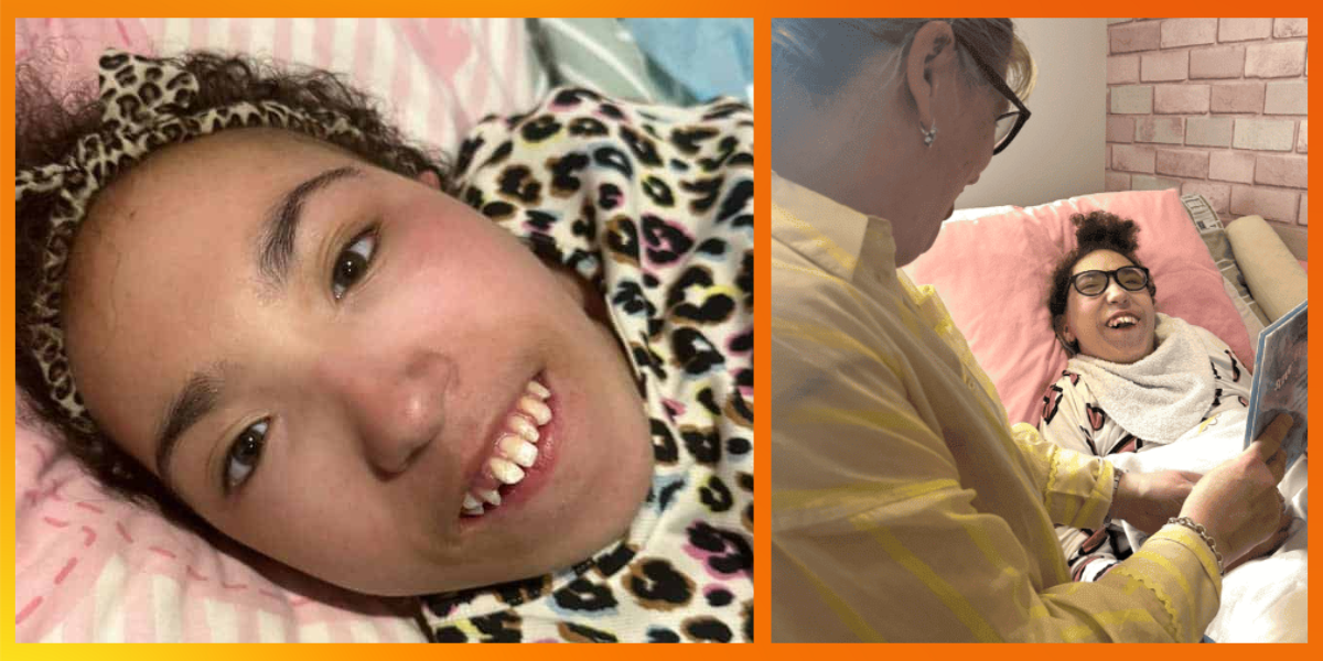 Two photos of Jada-Lea. On the left, she lies on a pink pillow smiling up at the camera, wearing a leopard print top and matching headband. On the right, she lies in bed wearing glasses, smiling as a woman sits beside her reading from a book.