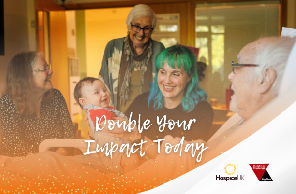 Family of all generations together in a hospice with the caption 'double your difference'