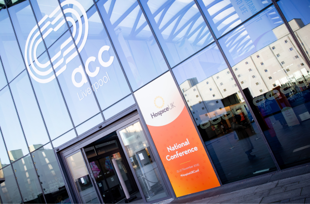A sign saying Hospice UK National Conference outside the Liverpool Experience Campus in 2025
