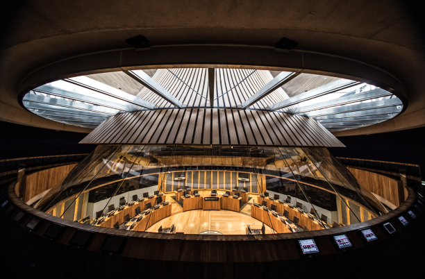 A wide shot of the interior Senedd building, the government building in Wales