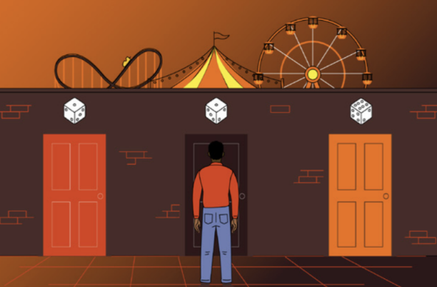 Illustration of a man seen from behind, standing in front of three doors set into a brick wall, each with a dice above it. A funfair rollercoaster, circus tent and Ferris wheel rise behind the wall.