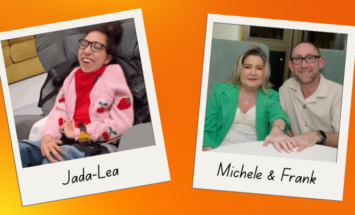 Two polaroid-style photos on an orange background. On the left, labelled Jada-Lea, she smiles widely in her wheelchair, wearing glasses, a red top and a pink cardigan with a cherry pattern. On the right, labelled Michele & Frank, the couple sit side by side at a table, smiling, with their hands together.
